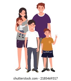 Happy family. Father, mother, two sons and daughter. Vector illustration