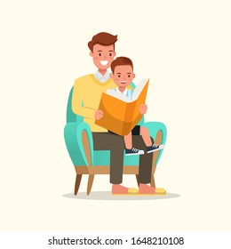 Happy family, father reading book with son character vector design.