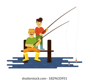 Happy family with father and son fishing together vector illustration isolated on white background