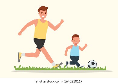 Feliz familia, padre e hijo jugando al diseño vectorial del fútbol.