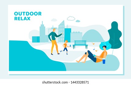 Happy Family of Father and Son Walk in City Park Eating Ice Cream. Young Man Lying on Lawn with Gadget. Outdoor Relax, Summer Activity Open Air Weekend Leisure Cartoon Flat Vector Illustration, Banner