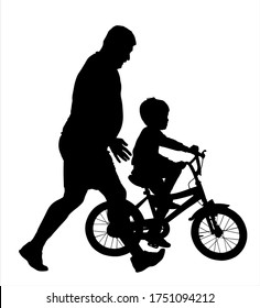 Feliz familia, padre enseñando a su hijo a montar en una silueta vectorial de bicicleta aislada en el fondo blanco. Papá enseña a los niños a montar en bicicleta. Día del padre. Deportes al aire libre y actividades recreativas.