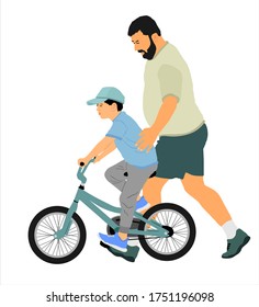 Feliz familia, padre enseñando a su hijo a montar una ilustración vectorial de una bicicleta aislada de fondo blanco. Papá enseña a los niños a montar en bicicleta. Día del padre. Deportes al aire libre y actividades recreativas.