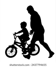 Familia feliz, padre que enseña a su hijo montando una ilustración vectorial de la silueta de la bicicleta aislada en el fondo blanco. Papá le enseña a un niño a andar en bicicleta. Día del padre. Deporte al aire libre y recreación.