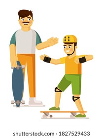 Happy family with father teaching son riding skateboard vector illustration isolated on white background