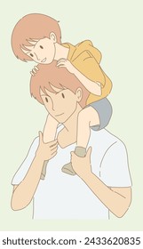 Happy family father and toddler son playing, riding piggy back. Dad carrying son. Hand drawn flat cartoon character vector illustration.