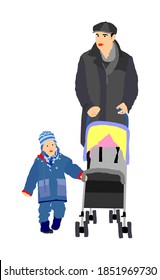 Happy family, father walking outdoor with son and baby in pram vector isolated on white background. Baby carriage. Fathers day. Little boy first steps. Family values. Dad love his children. Kid parent