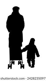 Happy family father walking outdoor with son and baby in pram vector  silhouette illustration isolated. Baby carriage. Fathers day. Little boy first steps. Family values. Dad love children. Kid parent