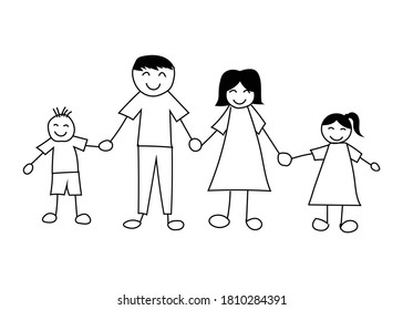 happy family with father,mother, and son holding hand. drawing cartoon doodle. vector illustration in flat style modern design. isolated on white background.