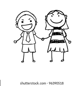 happy family with father,mother, and son holding hand, cartoon doodle - vector illustration