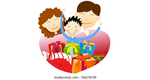 Happy family. A favorite child. Couple and child and present.