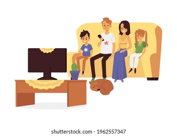 Happy Family With Favorite Pet Dog Watch Tv. Parents With Children Bought A Puppy Or Adopted Adorable Animal From Shelter. Flat Cartoon Isolated Vector Illustration