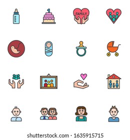 Happy family filled outline icons set, line vector symbol collection, linear colorful pictogram pack. Signs logo illustration, Set includes icons as newborn baby, family love, human embryo,  dad & mom