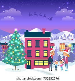 Happy family and fir tree on night city background. Vector illustration of emblem of flying gray Santa in sleigh harnessed by strong reindeers. Behind house white fir trees mountains and buildings