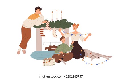 Happy family at fireplace, decorating home for Christmas. Mother, father and child at fireside with Xmas decoration, winter holiday ornament. Flat vector illustration isolated on white background