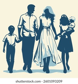 Happy Family Of Five Vector Illustration With Outlined Silhouettes