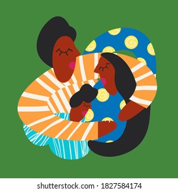 Happy family flat cartoon illustration. Mother, father and child banner. Cute doodle people hug each other design.