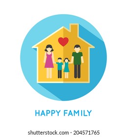 Happy family flat concept icon with parents and two children at home vector illustration