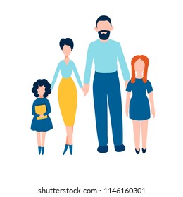 Happy family flat icons set - father, mother and two daughters for poster, banner, logo, icon. Children day, Mother's Day, Father's Day or family day card. Back to school poster