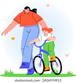 Happy family flat illustration, a mother teaching a child to ride a bike