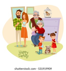 Happy family flat template with mother father son daughter grandmother grandfather baby and dog vector illustration