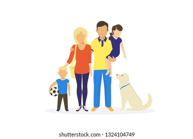 Happy family flat vector concept illustration of parents standing with son, daughter and dog. Sweet portrait of happy dad and mom with little kids on coral background and copy space