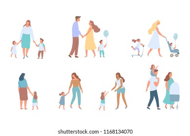 Felices ilustraciones de vector plano de la familia. Mamá con su hija. Padres e hijos. Familia en un paseo aislado en blanco.