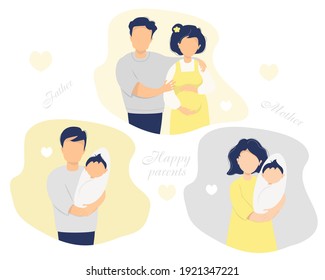 Happy family flat vector set. Husband with a pregnant wife, happy parents - dad and mom with a newborn baby in their arms. Vector illustration