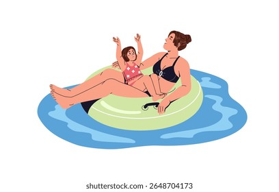 Happy family floating on inflatable circle together. Mother, kid relax on lifebuoy on water in aquapark. Parent, child have fun in swimming pool in summer. Flat isolated vector illustration on white