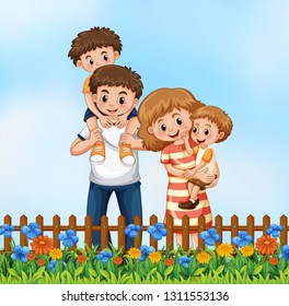 Happy family in the flower graden illustration