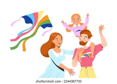 Happy Family Flying Kite with Daughter Having Fun and Playing Outdoor Vector Illustration