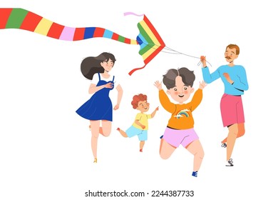 Happy Family Flying Kite with Kids Having Fun and Playing Outdoor Vector Illustration