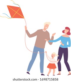 Happy Family with Flying Kite, Smiling Mother, Father and their Little Daughter Launching Kite at Festival Vector Illustration