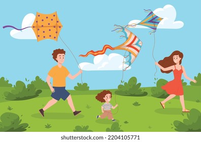 Happy family flying kite together in park, flat vector illustration. Mother, father and little girl running with colorful kites. Summer outdoor activities concept.