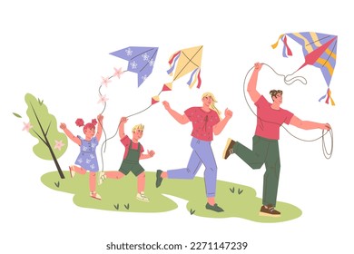 Happy family flying a kite, vector illustration in flat style isolated on white background. Joint family outdoor activity and fun. Family vacation and weekend.