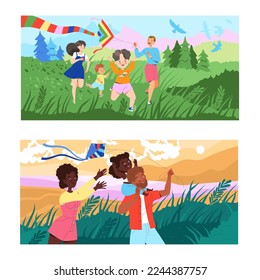 Happy Family Flying Kites with Kids Having Fun and Playing Outdoor Vector Scene Set