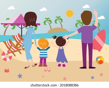 Happy family of four at beach 2d cartoon vector concept for banner, website, illustration, landing page, flyer, etc.