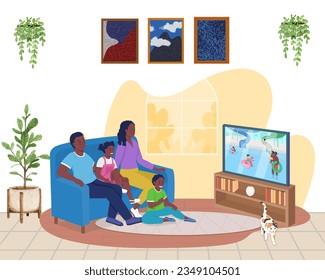 Happy family of four and a cat having fun watching TV at home. Cute boy and girl laughing