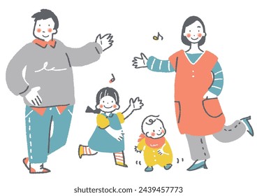 happy family of four, cute hand-drawn illustration