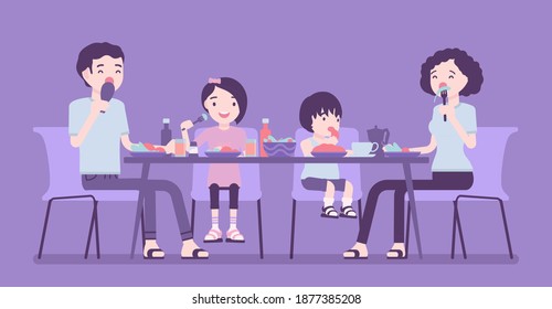 Happy family of four eating dinner at table. Parents and kids gathering for food after work and study, sitting together to enjoy healthy tasty home-cooked meals. Vector creative stylized illustration