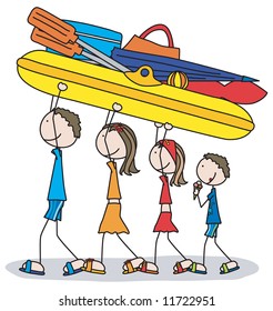 Happy family of four going to the beach and carrying full boat