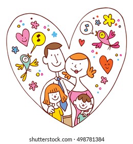 happy family of four in heart shaped frame