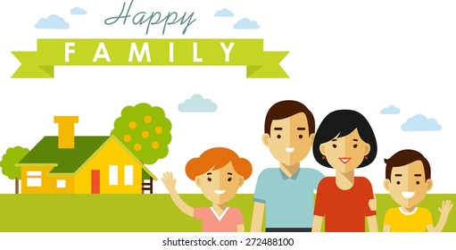 Happy family of four people on family house background in flat style