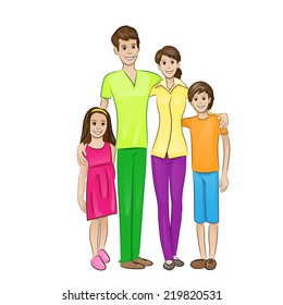 Happy family four people, parents with two children embrace, vector illustration