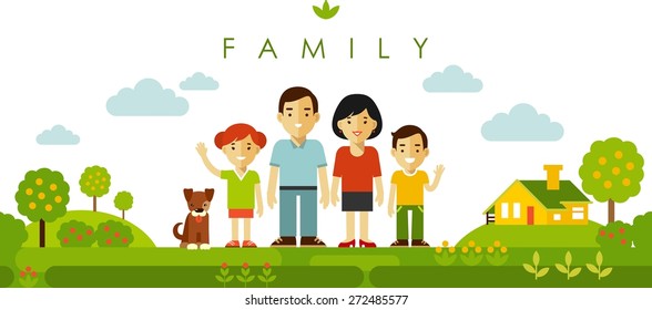 Happy family of four people and pet posing together on nature background in flat style