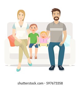 Happy family of four  people sitting on sofa. Flat design