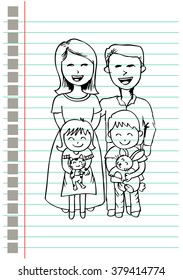 Happy family of four and two pets. Sketchy style illustration.