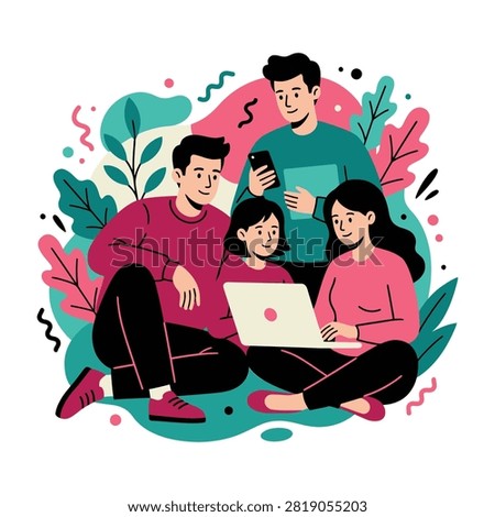 Happy family of four using laptop and smartphone together at home with plants around them