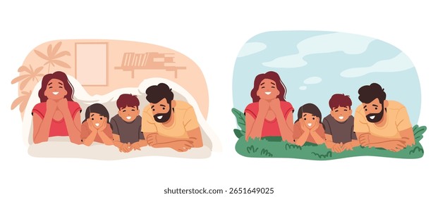 Família feliz quatro pessoas deitadas juntos desfrutando de tempo relaxante e lazer em casa ou fora do conjunto de cena de desenho animado. Mãe, pai e filhos desfrutando de tempo de recreação e ilustração de vetor de ligação