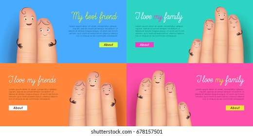 Happy family and friend banner set. Realistic funny fingers in hug. Inspiration for good home relationships. Flat style vector card on colored backgrounds